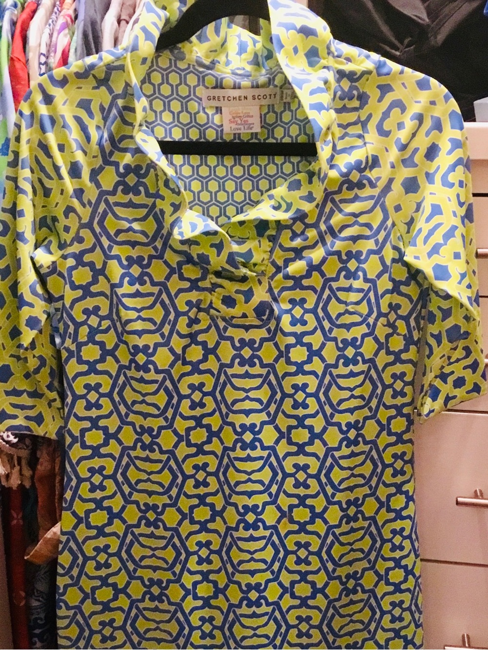 Gretchen Scott Blue and Lime Geometric Blouse